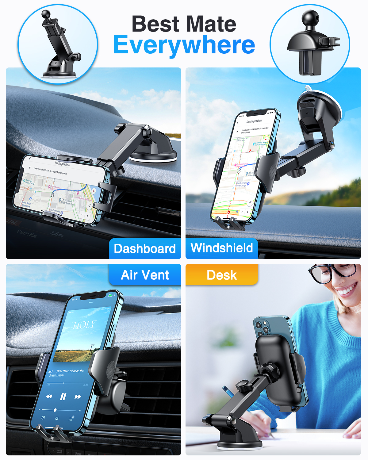 Universal Car Cell Phone Mount Holder 2 in 1 Windshield and Dashboard with Washable Strong Sticky Gel Pad for iPhone X R Xs Max 8 Plus 7 Samsung Galaxy S9 S8 Note 8 LG and Other Smart Phone 