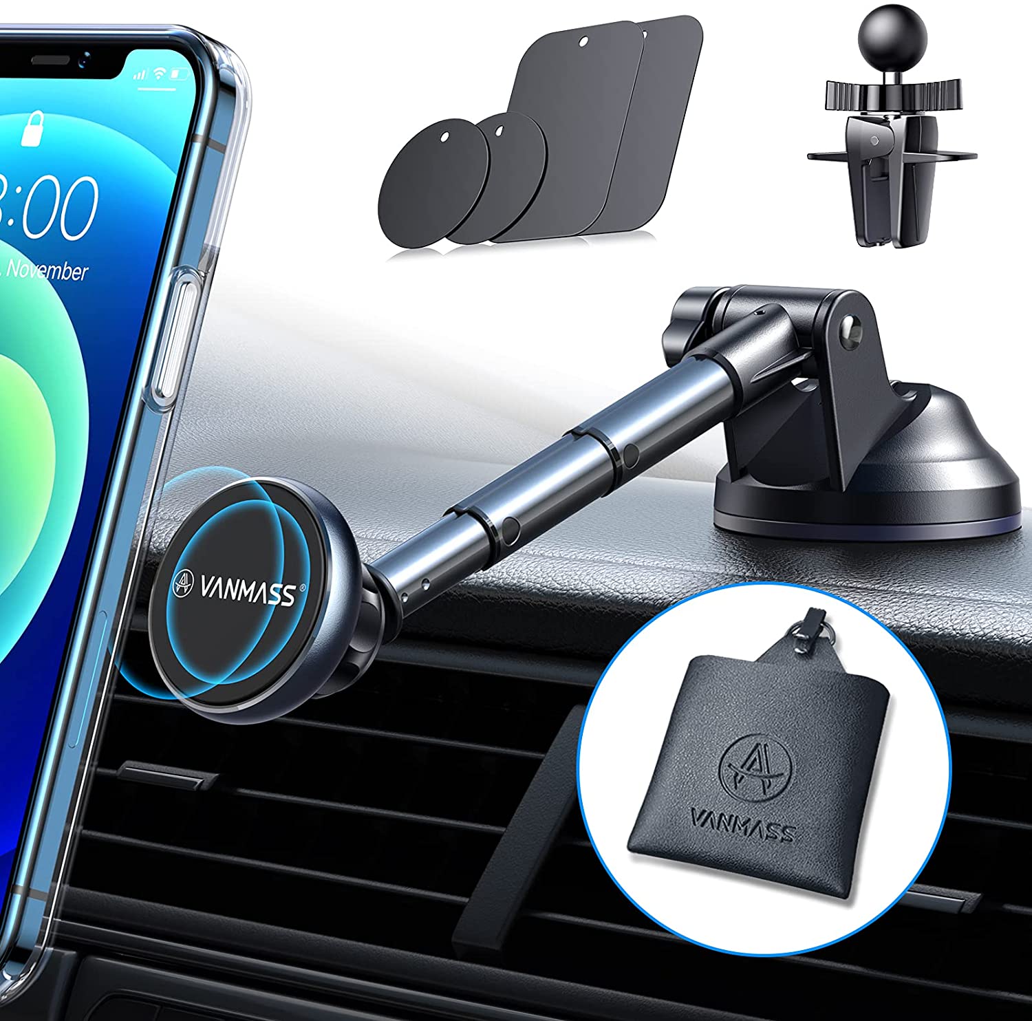 Super Sticky Suction Cup Phone Holder for All Phone Magnetic Phone Holder for Car Dashboard with 6 Powerful Magnets Adjustable Telescopic Arm